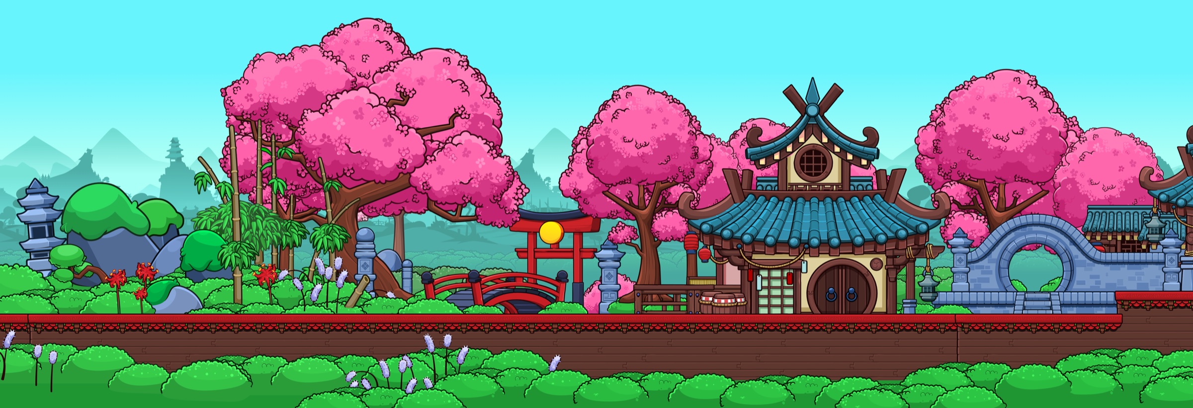 Cherry trees, a red bridge and a tiled teahouse under a bright sky.