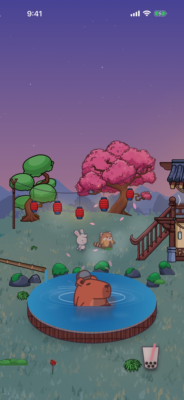The onsen at dusk, with a capybara in the bath.