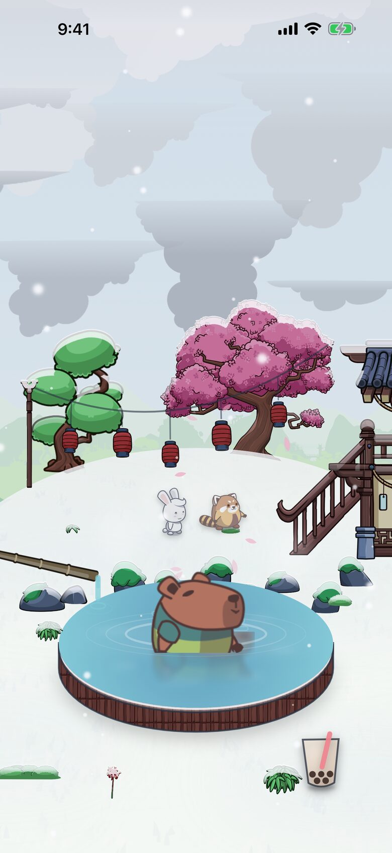 The onsen in the snow, with a capybara in the bath.