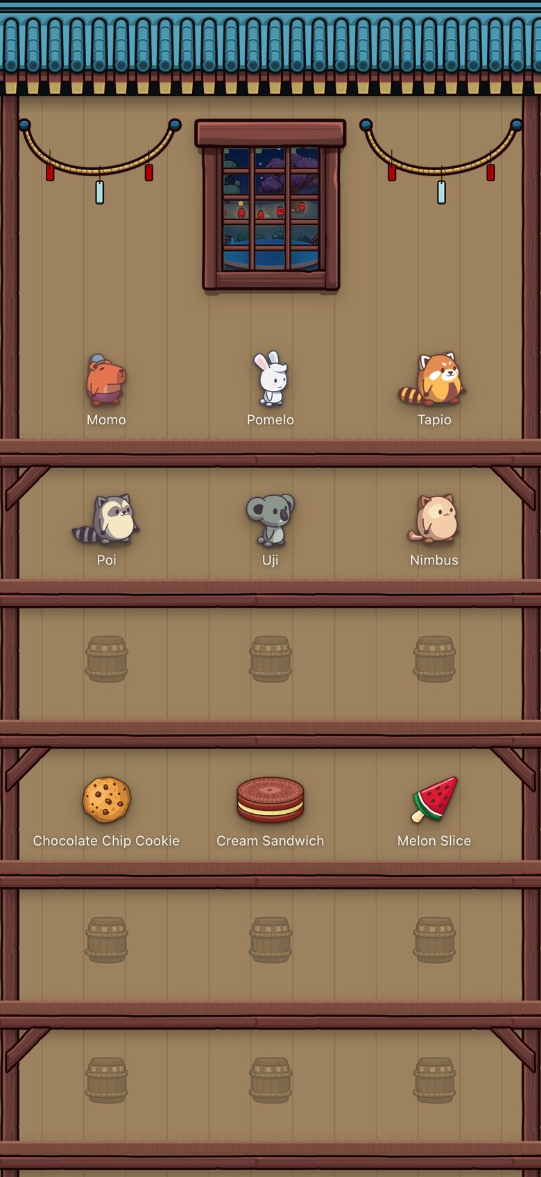 The teahouse shelves, with residents and snacks.